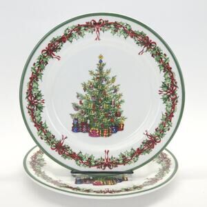 Vtg Christopher Radko Christmas Tree Dessert Plate Green Holly Traditional 2pcs